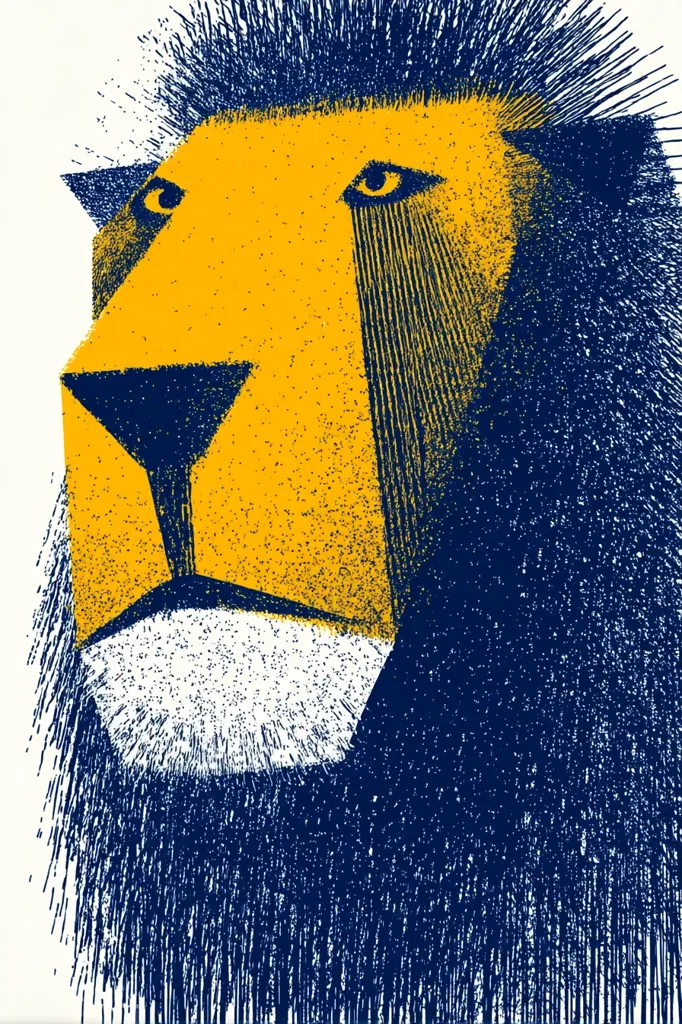 A stylized illustration of a lion's head, rendered in bold gold and navy blue.  The mane is depicted with short, textured strokes creating a sense of movement.  The lion's face is geometric, with sharp angles and a simplified nose and eyes, giving it a bold, graphic quality. The overall style is reminiscent of linocut or screen printing.