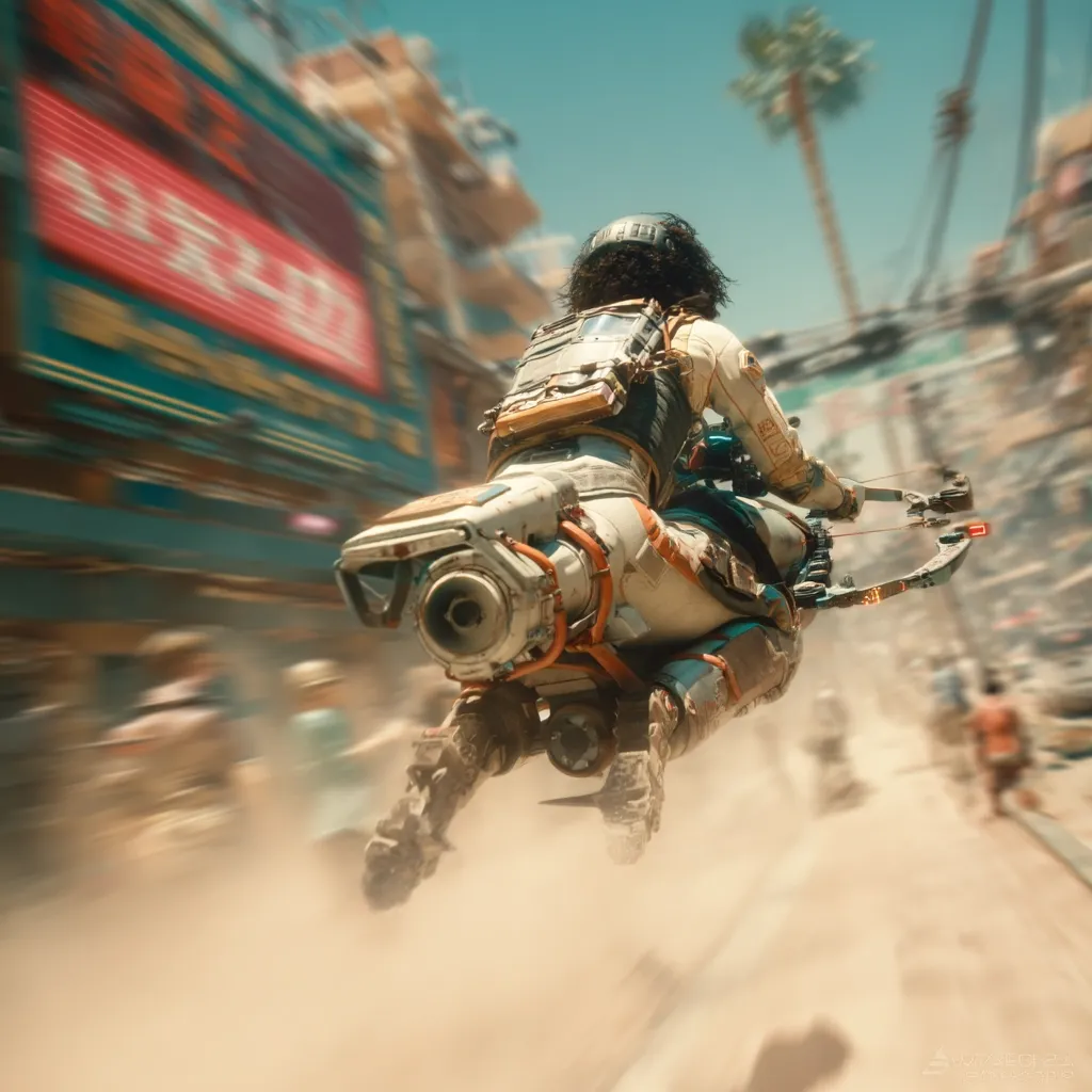 A futuristic rider speeds through a dusty, bustling street on a unique, mechanized vehicle.  The vehicle features a prominent engine and a mounted crossbow.  The rider, wearing protective gear, is seen from behind, their dark hair visible.  The background is a blur of motion, suggesting high speed, with buildings and crowds of people adding to the chaotic scene.  The overall aesthetic is gritty and post-apocalyptic.