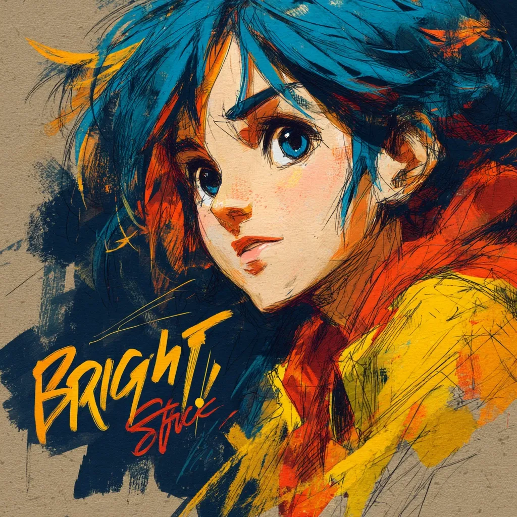 A vibrant, stylized portrait of a young woman with bright blue hair.  The artwork uses bold strokes of yellow, orange, and blue, creating a dynamic and expressive style.  Her gaze is directed upward and to the side, conveying a sense of contemplation or intrigue.  The words "Bright! Stuck!" are painted in the foreground, adding a layer of narrative depth. The overall effect is energetic and evocative.