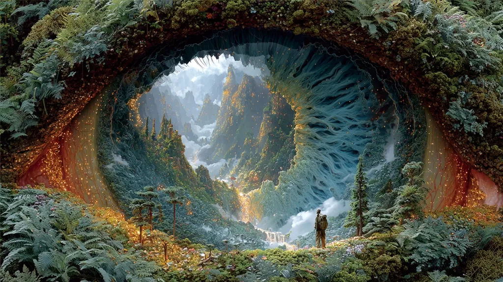 A breathtaking vista unfolds through a lush, organic archway.  A vibrant, otherworldly landscape of glowing mountains, cascading waterfalls, and mystical flora fills the scene. A lone traveler with a backpack stands in awe, dwarfed by the grandeur of the surreal, almost dreamlike environment. The arch itself shimmers with ethereal lights, creating a magical portal to this hidden paradise.