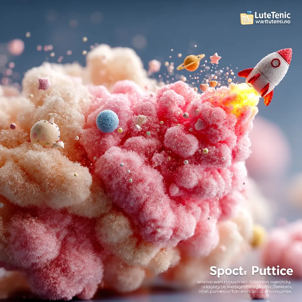 A whimsical 3D rendering depicts a pink and peach fluffy cloud-like substance, speckled with pastel-colored spheres.  A small, white rocket blasts off from the pink section, leaving a fiery trail.  Tiny planets and stars orbit amidst the fluffy texture, creating a fantastical, candy-like space scene. The artwork is titled "Spoct: Puttice".
