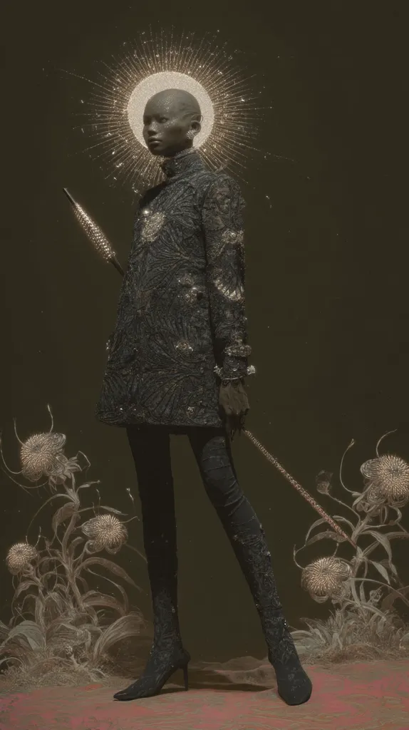 A bald, dark-skinned model, adorned in a dark, embellished coat and tall boots, stands against a muted green backdrop.  A golden halo surrounds her head. She holds a long, slender staff.  The background features stylized, pale plants. The overall aesthetic is dark, dramatic, and slightly ethereal.