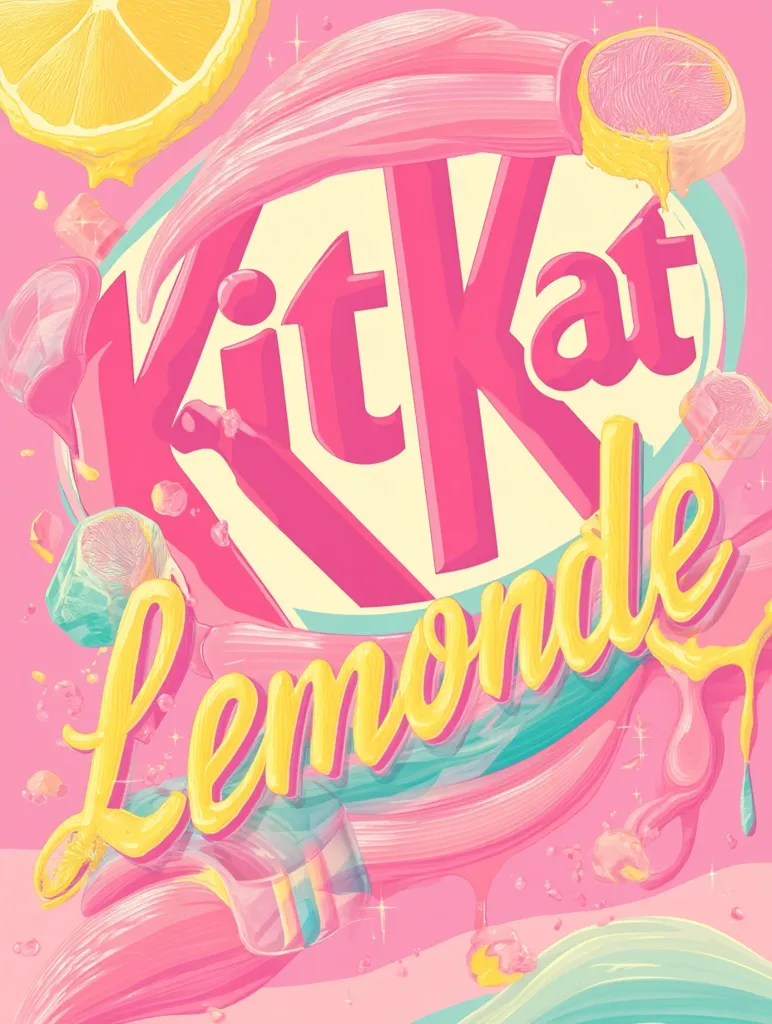 A vibrant illustration showcases a KitKat Lemonde advertisement.  The KitKat logo is prominently displayed in pink, dripping with pastel-colored swirls and lemon slices.  The words "Lemonde" are stylized in a playful yellow font, further emphasizing the lemony flavor.  The overall design is playful and sweet, utilizing a dynamic, almost painterly style.