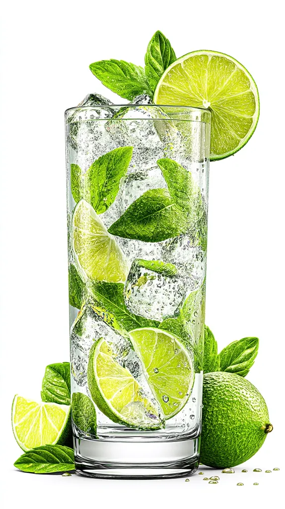 A refreshing highball glass filled with ice, sparkling water, lime wedges, and fresh mint leaves.  The limes and mint are partially submerged, creating a vibrant and visually appealing drink.  Additional lime wedges and mint sprigs surround the base of the glass, enhancing the overall image of a cool, summer beverage.