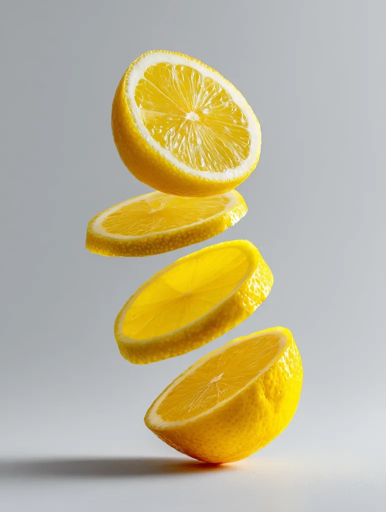 Four lemon slices hover against a light gray background, appearing to float in mid-air.  The top slice is the largest, followed by progressively smaller slices stacked below.  The bright yellow citrus fruit is sharply in focus, showcasing its juicy texture and vibrant color. The image has a clean and minimalist aesthetic.