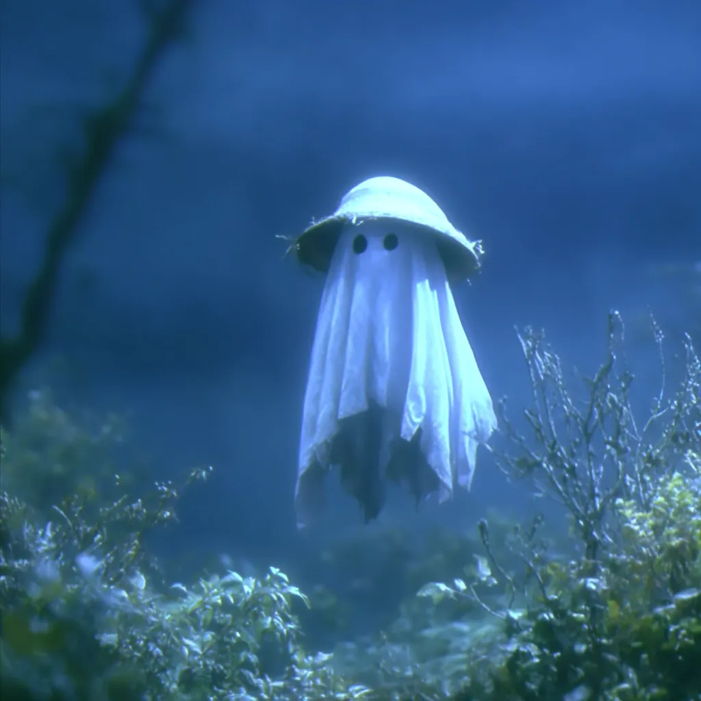 A whimsical ghost figure, draped in white fabric and wearing a bowl-shaped hat, floats serenely amidst underwater vegetation.  The scene is bathed in a cool, ethereal blue light, creating a mysterious and slightly spooky atmosphere.  The ghost's simple features add to its charming, otherworldly presence.