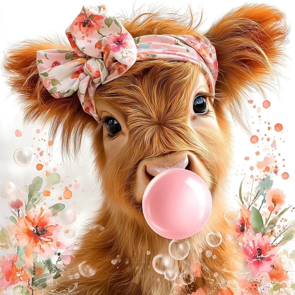 An adorable Highland calf, adorned with a floral headband, blows a large pink bubblegum bubble.  Surrounding the calf are delicate watercolor flowers and floating bubbles, creating a whimsical and charming scene.  The calf's fluffy, reddish-brown fur is vividly detailed, enhancing the overall sweetness of the illustration.