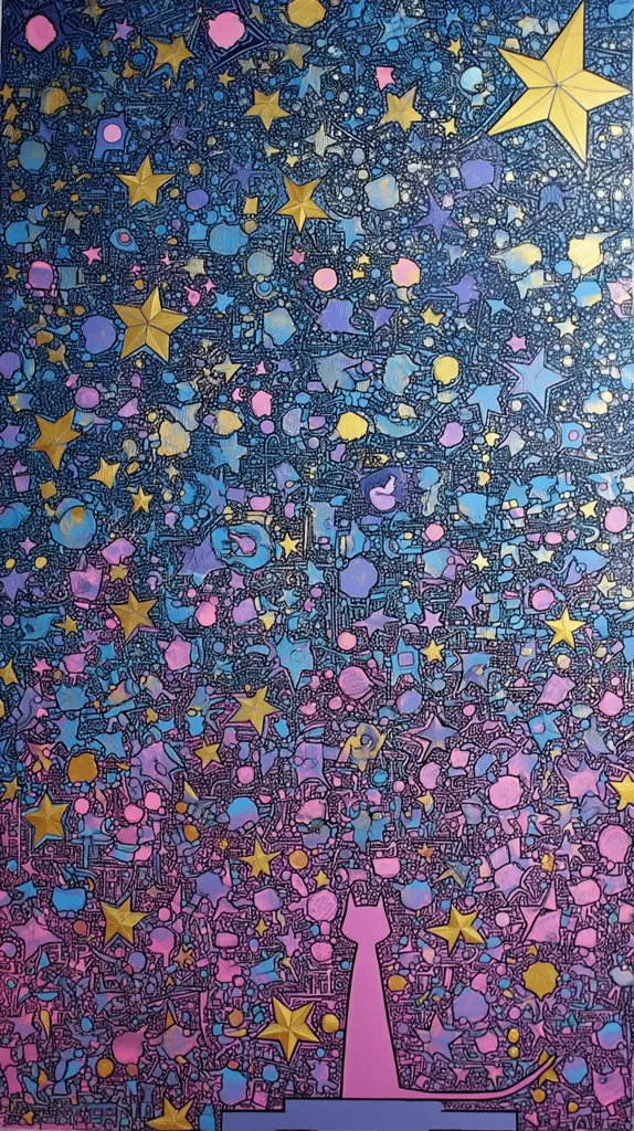 A vibrant abstract painting features a multitude of stars in gold, pink, and blue hues, densely packed across a dark background.  Smaller, swirling shapes and lines create texture.  A stylized, pink cat silhouette is positioned at the bottom, seemingly emerging from or sitting within the star-filled expanse. The overall effect is busy yet harmonious, suggesting a dreamy or cosmic theme.