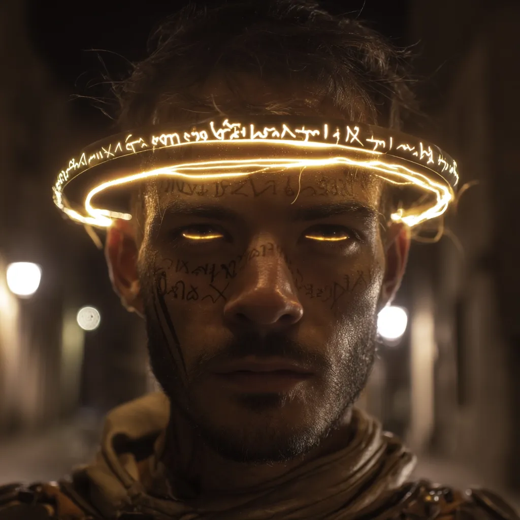 A man's face is illuminated by a glowing halo inscribed with arcane symbols.  His eyes glow intensely, and his skin is marked with similar markings. The background is blurred, showing a dark city at night. The overall effect is mystical and mysterious, suggesting a powerful or otherworldly being.