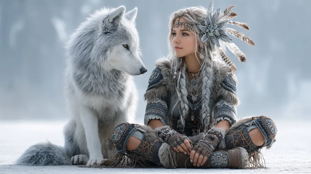 A young woman, adorned in intricate, winter-themed attire with feathers and braids, sits cross-legged in the snow.  Beside her, a large, fluffy white wolf sits calmly, gazing towards her. The scene is serene and ethereal, with a muted color palette emphasizing the icy landscape. The woman and wolf share a peaceful connection, creating a captivating image of harmony with nature.