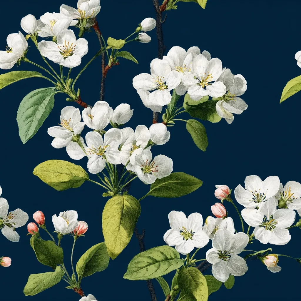 A seamless pattern of meticulously detailed botanical illustrations showcases clusters of delicate white blossoms against a deep navy blue background.  The flowers, possibly apple blossoms, are rendered with realistic shading and texture, emphasizing their petals and stamens. Lush green leaves complement the floral motifs, creating a vibrant and elegant design.