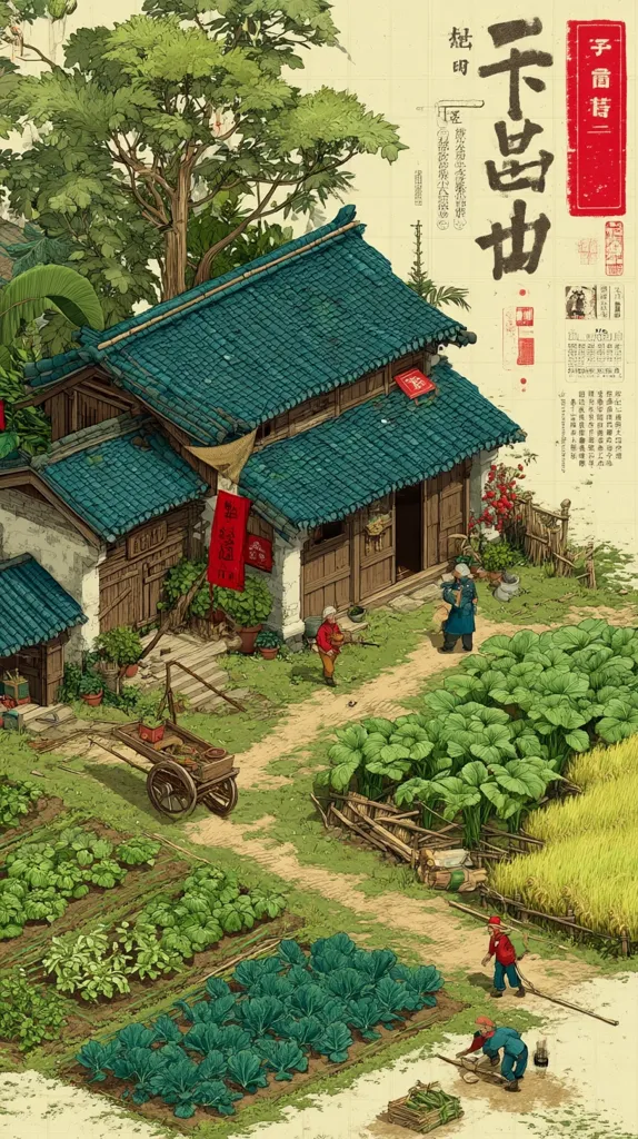A meticulously detailed illustration depicts a traditional Chinese farmhouse nestled amidst lush vegetable gardens.  The building, with its teal roof and aged walls, is surrounded by meticulously planted rows of cabbage, other greens, and rice paddies.  Figures in period clothing tend to the crops, conveying a sense of rural life and agricultural harmony. The overall style is reminiscent of classical Chinese painting, creating a serene and picturesque scene.