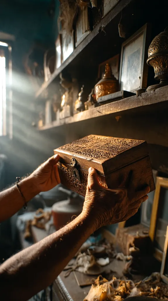 A pair of aged hands carefully holds an intricately carved wooden box, its surface adorned with detailed patterns.  The box is lifted from a cluttered shelf overflowing with antique trinkets, framed photographs, and ornate golden vessels.  Sunlight streams through a nearby window, illuminating dust motes dancing in the air of this antique-filled room. The scene evokes a sense of history and the careful preservation of precious heirlooms.