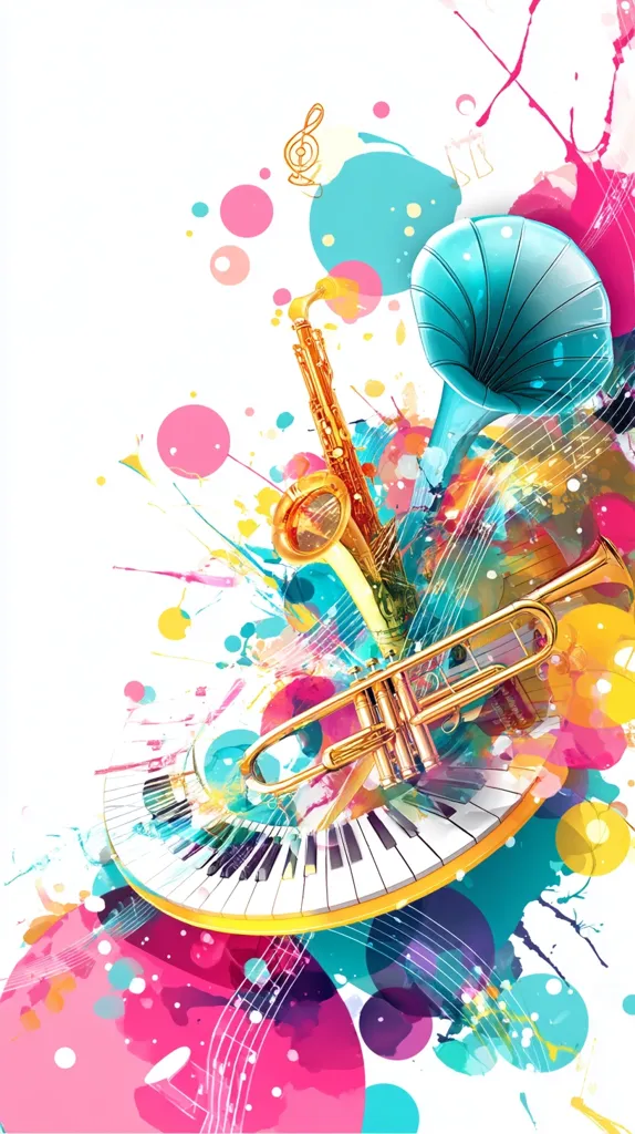 A vibrant, abstract image bursts with color and musical instruments. A saxophone, trumpet, and a gramophone horn are prominently featured, overlaid on a piano keyboard.  The background is a dynamic splash of paint in pinks, blues, and yellows, interspersed with musical notes and playful circles. The overall effect is energetic and celebratory, suggesting a lively musical performance.