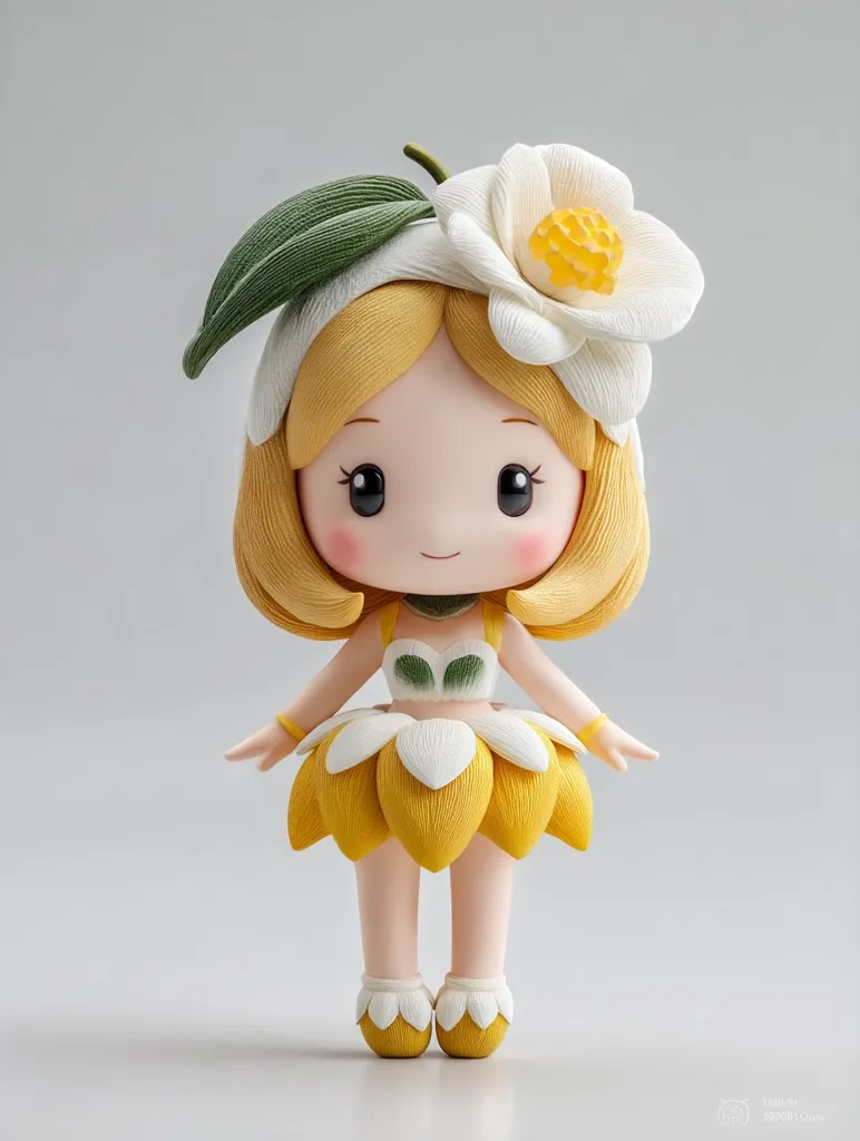 A charming handcrafted doll, crafted from clay, is adorned in a yellow and white floral ensemble.  Her blonde bob and large eyes give her a sweet, innocent appearance.  A delicate camellia flower crowns her head, complementing her petal-shaped skirt.  The doll's petite features and soft colors create a whimsical and delightful aesthetic.