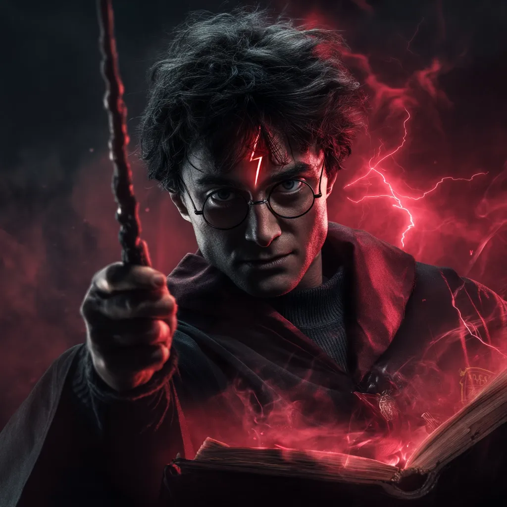 A dramatic portrait of Harry Potter, his iconic lightning bolt scar glowing red.  He holds his wand aloft, poised before an open book emitting red energy, surrounded by swirling red smoke and lightning.  His expression is intense and serious, suggesting a powerful magical moment. The dark background enhances the dramatic lighting and the overall mystical atmosphere.