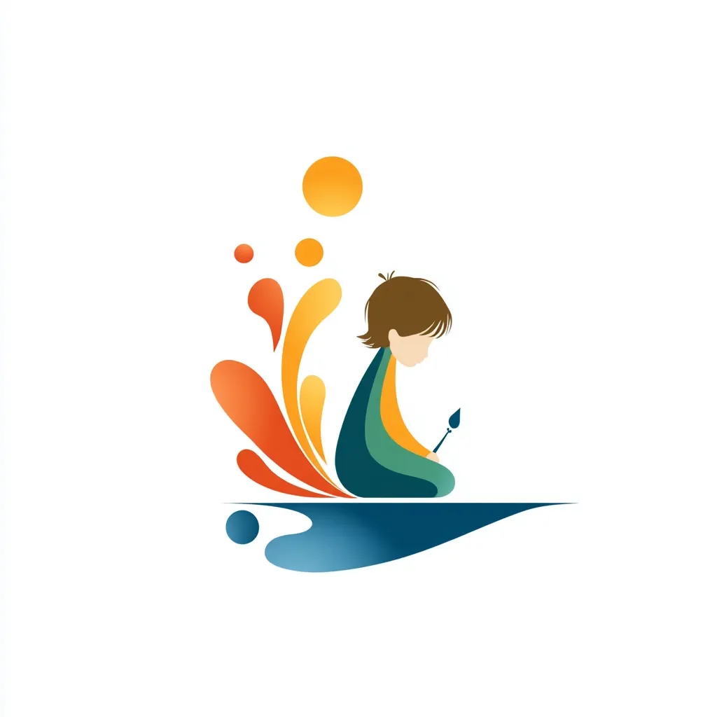 A stylized logo depicts a child seated, holding a paintbrush, amidst a vibrant splash of orange, yellow, and teal.  The design suggests creativity and artistic expression, ideal for a children's art school, art supply company, or creative agency. The child's posture conveys concentration and focus, emphasizing the dedication to art. The colors are bright and cheerful, reflecting a playful and imaginative atmosphere.