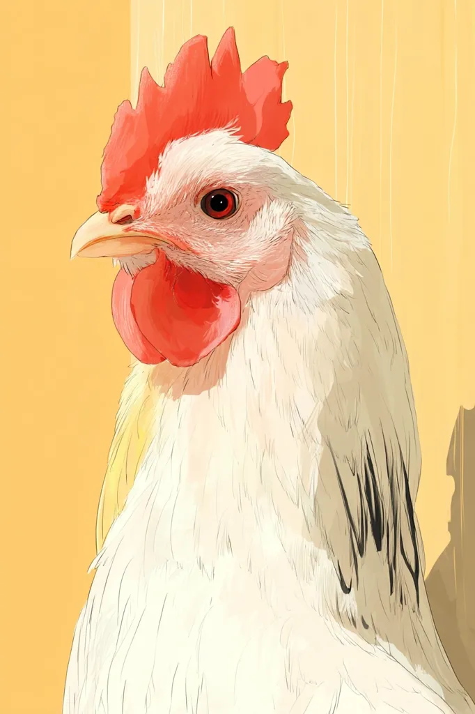 A stylized illustration of a white hen.  Its bright red comb and wattles contrast sharply against its creamy white plumage. The hen is positioned in profile view, slightly angled towards the viewer.  The background is a soft, pale yellow, suggesting a warm, possibly rural setting.  The art style is reminiscent of a digital painting or vector graphic, with soft shading and defined lines.