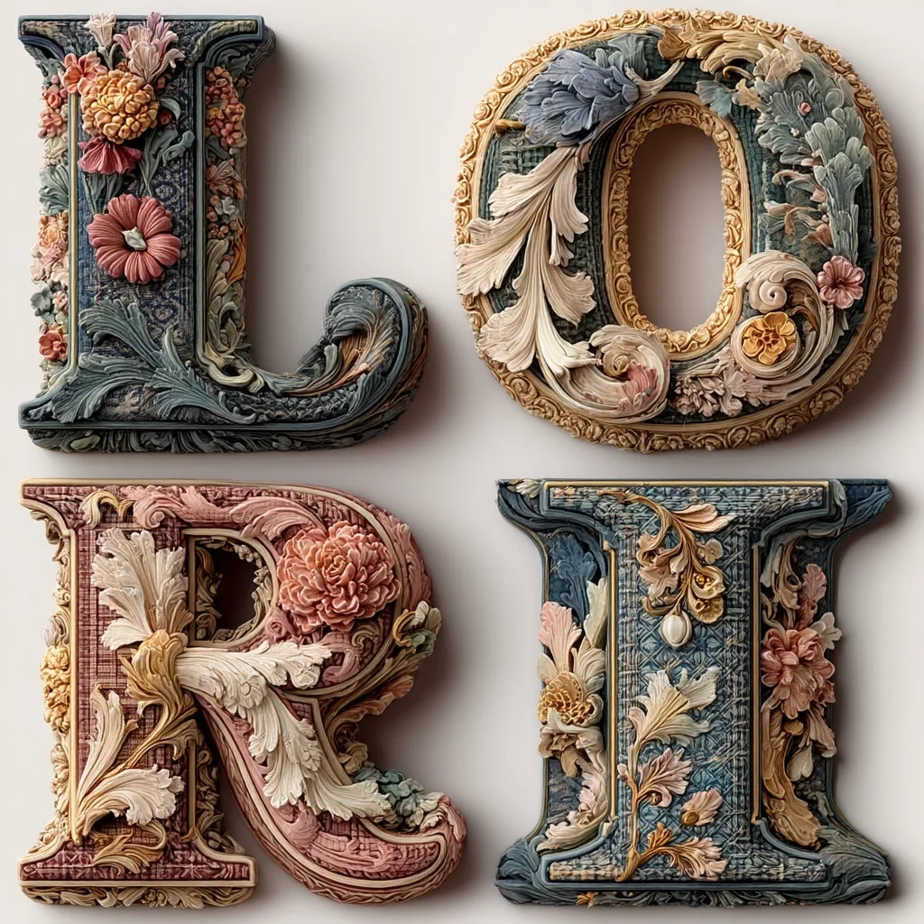 Four ornate letters, L, O, R, I, are meticulously crafted in a baroque style.  Each letter is richly detailed with floral carvings and textured backgrounds, showcasing a blend of pastel and jewel tones. The letters appear three-dimensional, creating a luxurious and visually striking effect.  The craftsmanship suggests a high level of artistry and attention to detail.