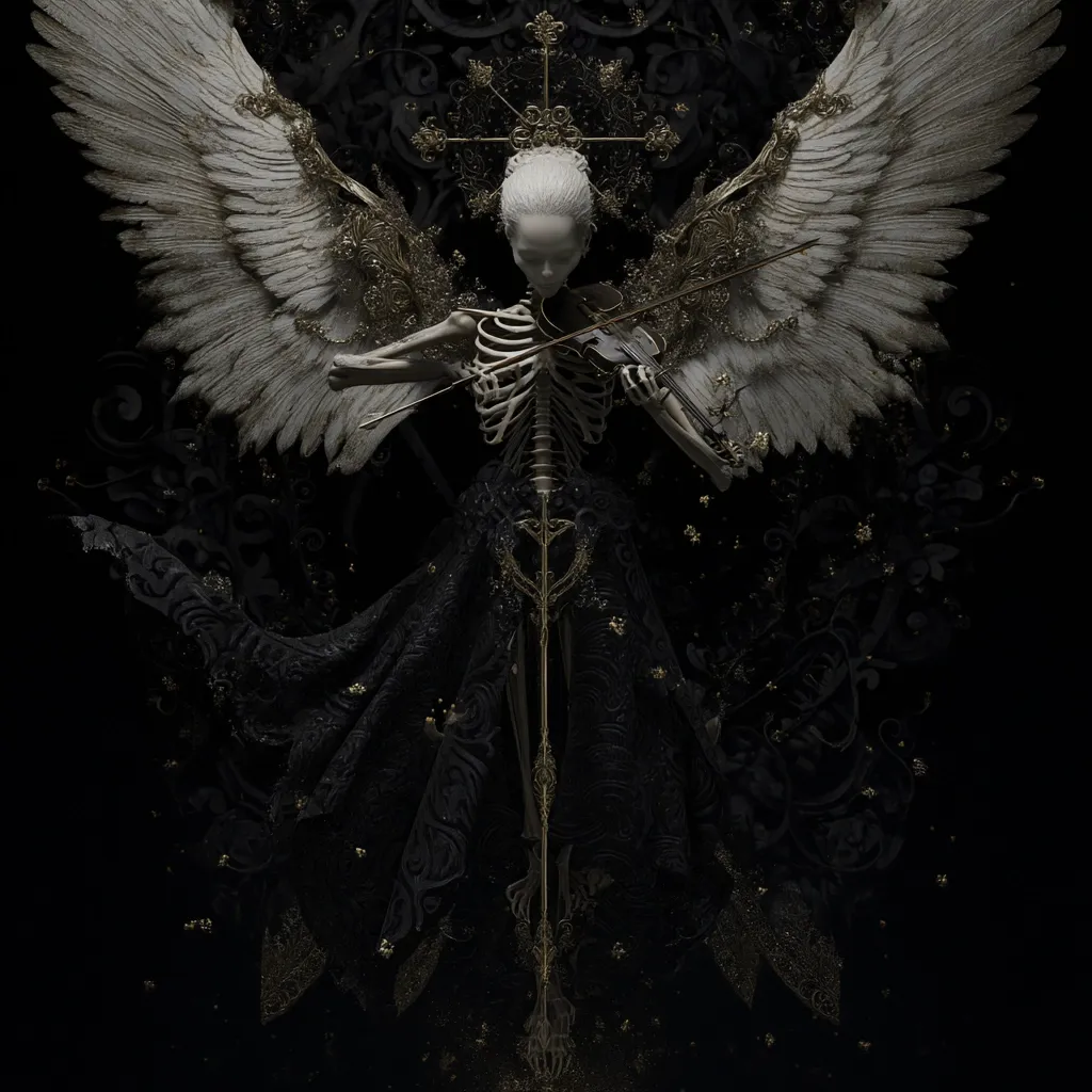 A skeletal angel with large, ornate wings plays a violin.  The figure is adorned in a flowing black gown with gold accents, standing against a dark background featuring intricate, gothic-style flourishes.  The overall aesthetic is dark, elegant, and slightly macabre, emphasizing a contrast between angelic form and skeletal fragility.  Small, golden particles float around the angel, adding to the mystical atmosphere.