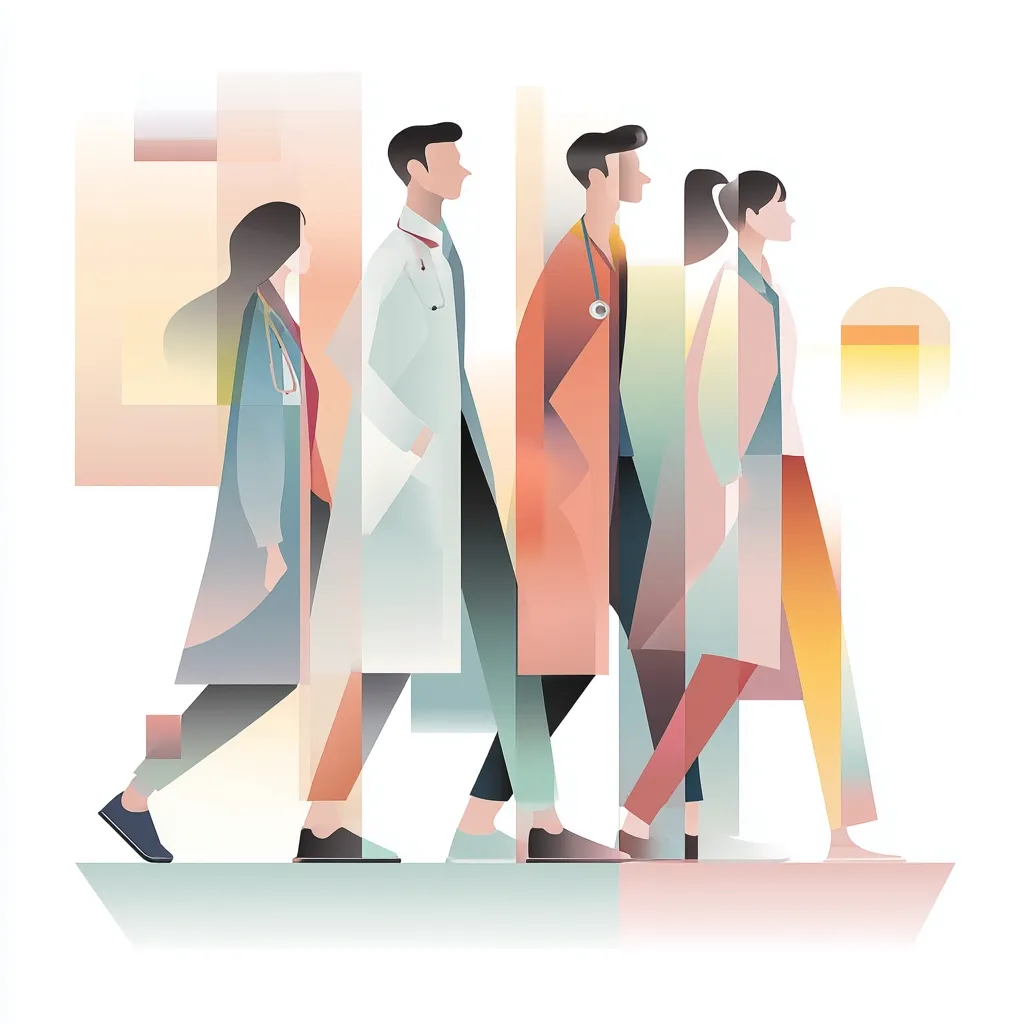 A stylized illustration depicts four medical professionals walking in a row.  Their coats are rendered in pastel colors with geometric shapes, creating a modern, abstract feel.  The figures are subtly overlapping, suggesting movement and a unified team. The overall impression is one of collaboration and forward progress within the healthcare field.