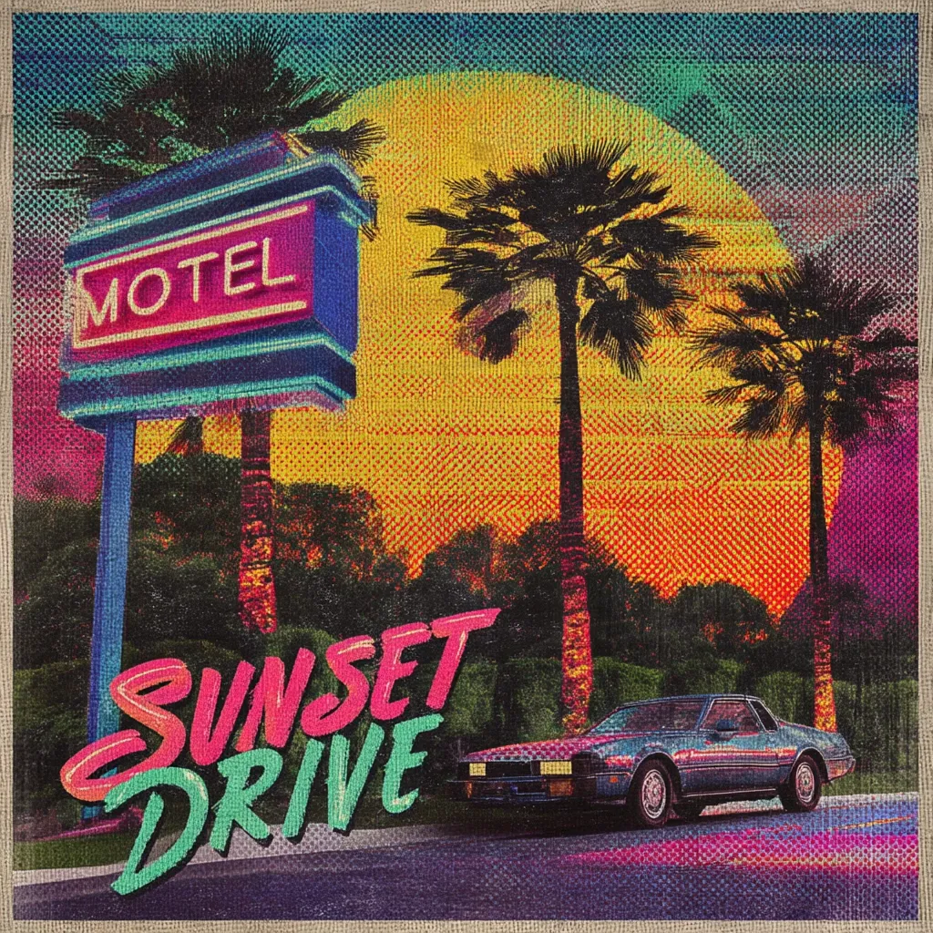 A vibrant, retro-styled image depicts a classic car cruising past a motel sign at sunset.  Palm trees frame the scene under a large, stylized sun, all rendered in a pixelated, almost 8-bit aesthetic.  The words "SUNSET DRIVE" are prominently displayed, suggesting a nostalgic theme of road trips and vintage Americana. The overall effect is a bold, colorful, and evocative piece of artwork.