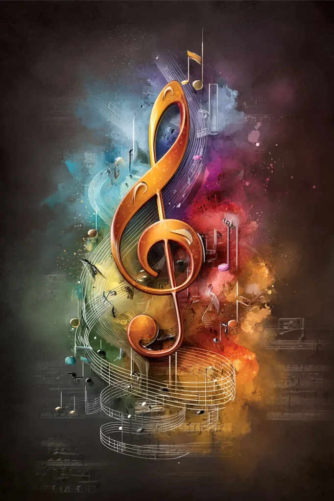A vibrant watercolor-style artwork features a large, golden treble clef as its centerpiece.  Surrounding the clef are swirling musical notes and staves in a spectrum of colors, creating a dynamic and energetic composition. The background blends dark tones with splashes of vibrant hues, enhancing the overall artistic impact. The image evokes a feeling of musical passion and creativity.