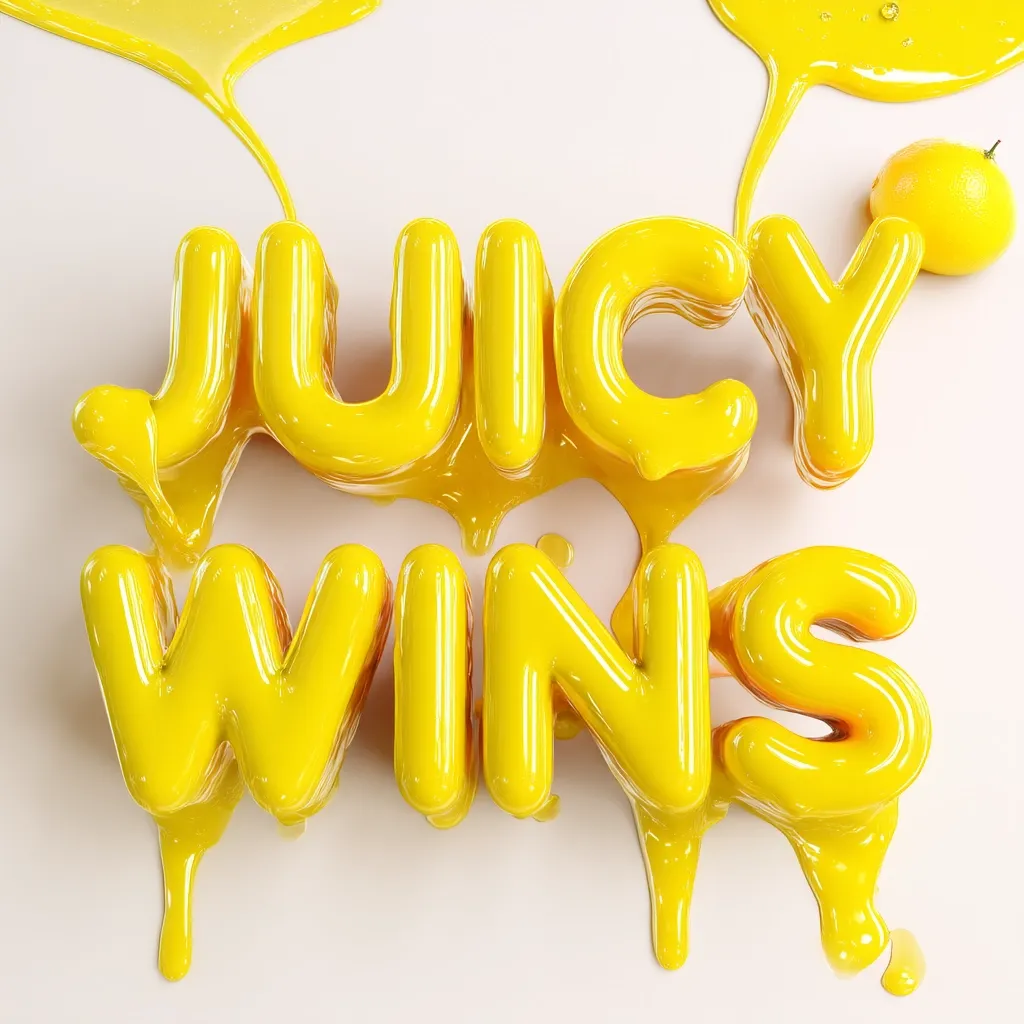 The words "Juicy Wins" are formed from bright yellow, glossy, liquid letters.  The letters appear to be made of a thick, viscous substance, with drips trailing down onto a light beige background. A small, whole yellow citrus fruit rests near the "Y". The overall image is vibrant and playful, suggesting a refreshing or fruity theme.