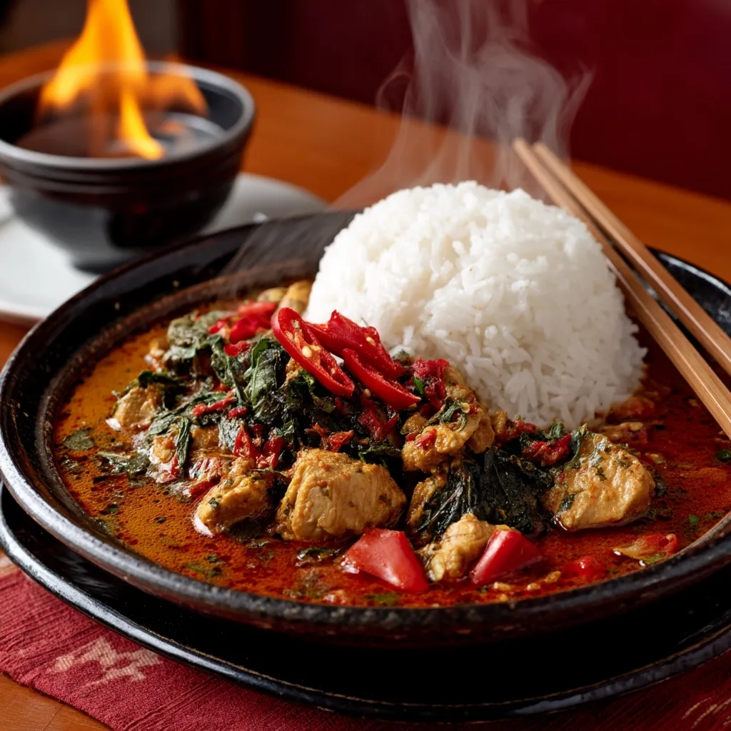 A steaming bowl of Thai red chicken curry is presented with a mound of fluffy white rice.  The rich, red curry is garnished with vibrant red chilies and green basil leaves.  Chopsticks rest beside the dish, suggesting an authentic culinary experience.  The image is warm and inviting, emphasizing the aroma and deliciousness of the food.