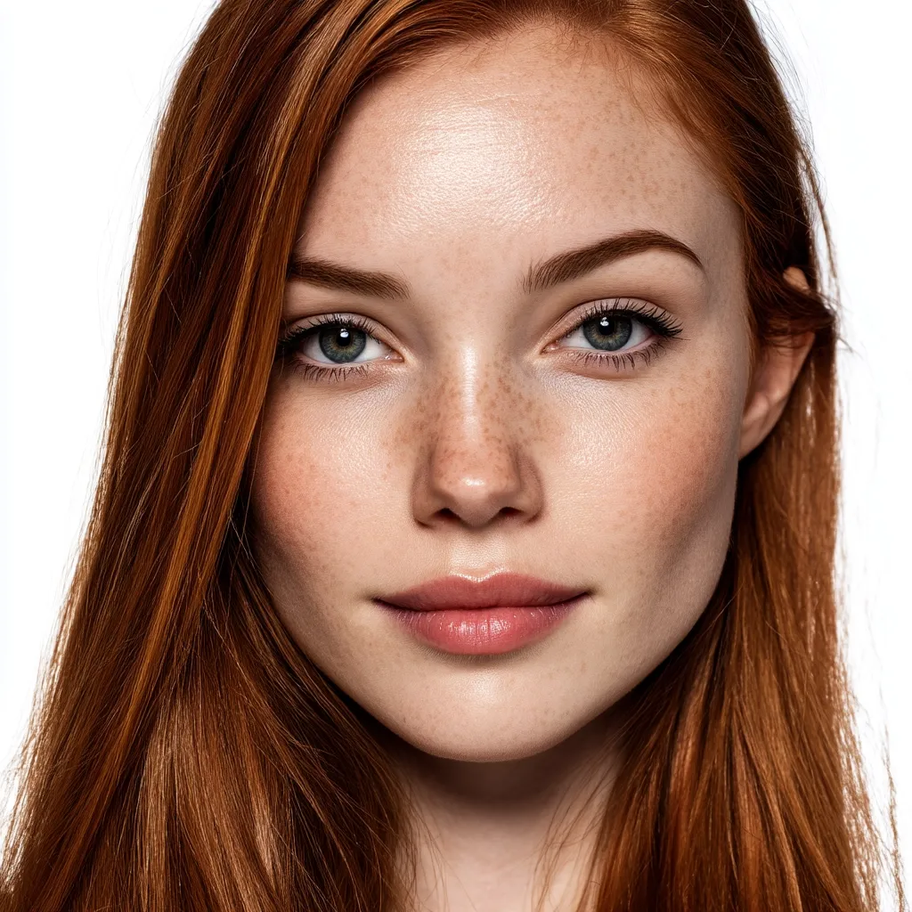 Close-up portrait of a young woman with long, flowing auburn hair.  Her complexion is fair, adorned with freckles, and her features are soft and delicate.  She has light grey-blue eyes and a subtle, natural makeup look. The overall impression is one of beauty and natural charm.