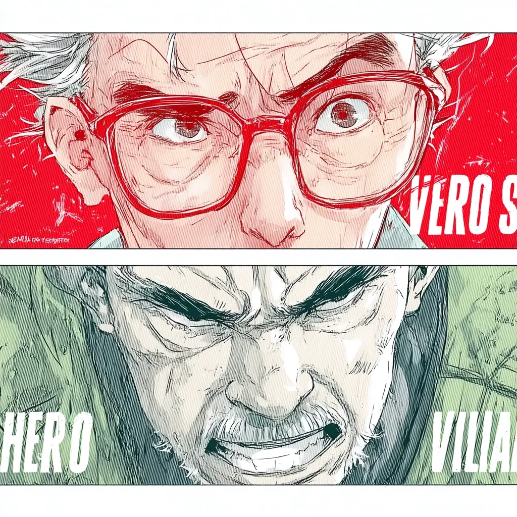 A split image showcases two contrasting elderly men.  The top panel depicts a man with glasses, appearing thoughtful or observant, labeled "VERO". The bottom panel shows a man with a furious expression, labeled "VILLAIN," juxtaposing against the top panel's "HERO". The art style is sketchy and textured, emphasizing the characters' expressions and creating a stark visual contrast between them.