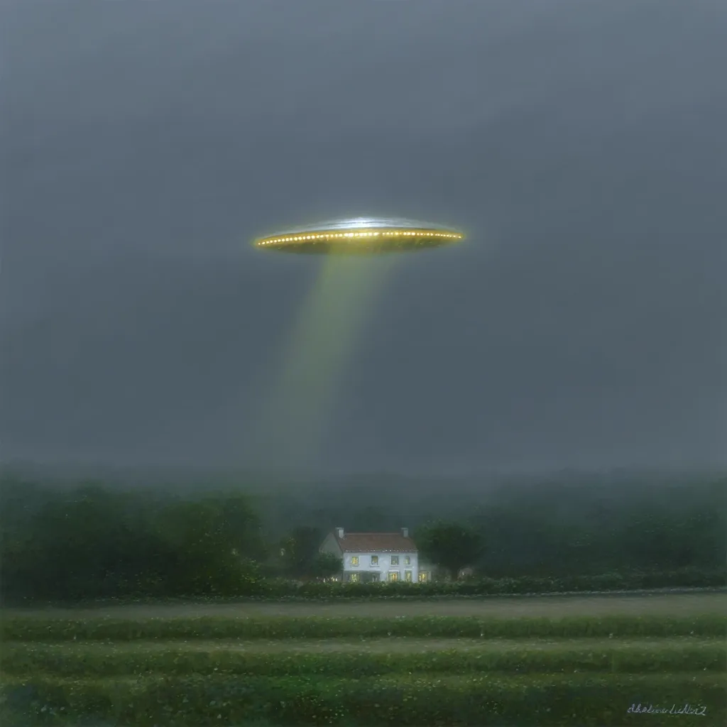 A saucer-shaped UFO hovers in a dusky sky above a tranquil countryside scene.  A beam of light emanates from the craft, illuminating a small, white farmhouse nestled amongst green fields and trees. The atmosphere is quiet and somewhat mysterious, suggesting a moment of otherworldly visitation.  The painting's muted colors and soft focus enhance the serene yet unsettling mood.