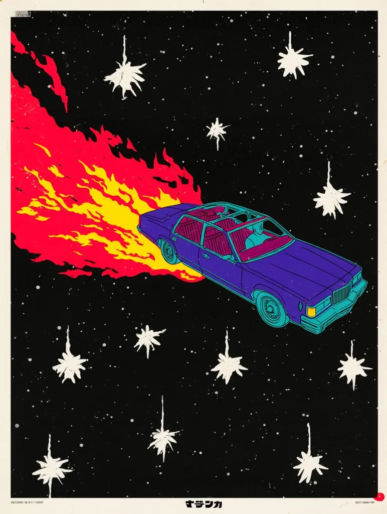 A vibrant illustration depicts a purple car soaring through space, propelled by a fiery trail.  The car, with a driver visible inside, is surrounded by stylized stars and bursts of white light against a dark backdrop. The artwork employs a bold color palette and retro aesthetic, creating a dynamic and surreal scene.  The Japanese word "セヴンシフ" is visible at the bottom.