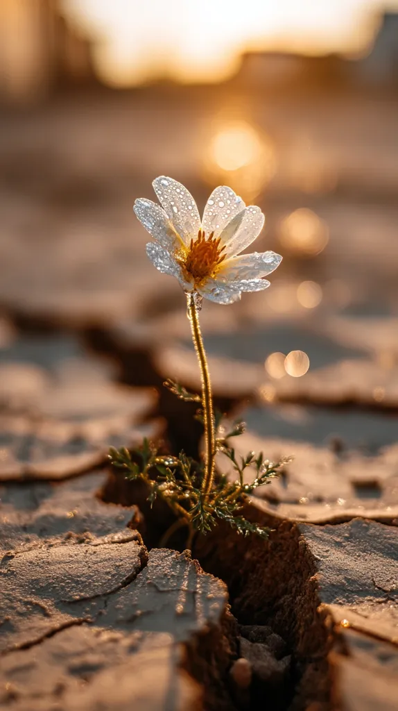 A single, delicate white flower, glistening with morning dew, sprouts from a crack in dry, parched earth.  The warm, golden light of the rising sun bathes the scene, highlighting the flower's resilience and the stark contrast between life and aridity.  The image evokes a sense of hope and perseverance in the face of adversity.