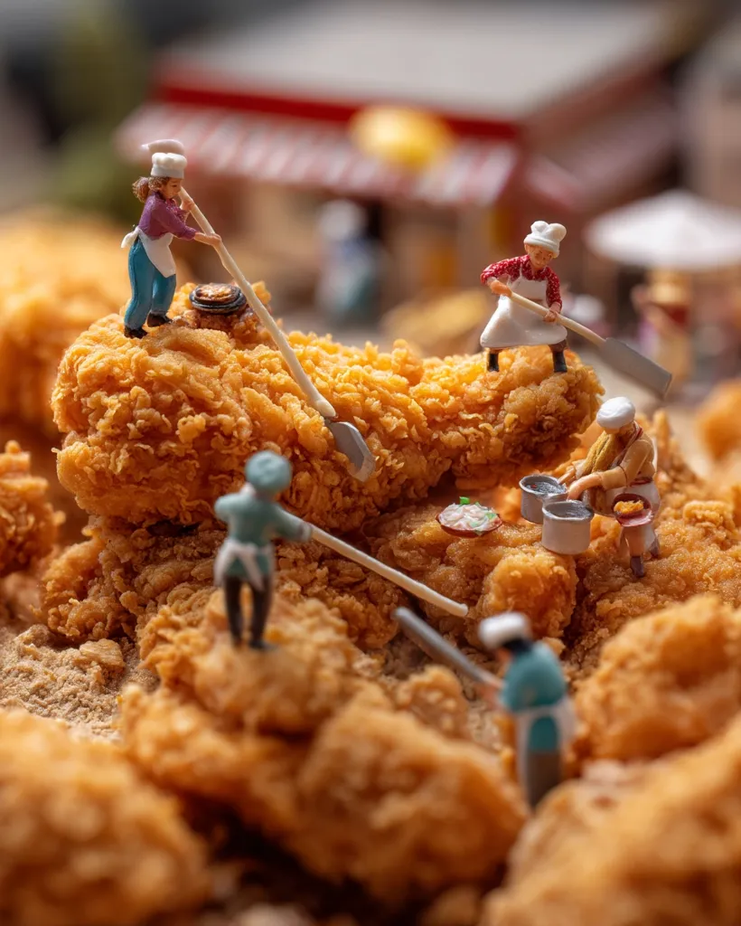 Miniature figures, resembling chefs, are hard at work amidst a landscape of crispy fried chicken. They wield tiny shovels and oars, seemingly mining or harvesting the golden-brown pieces.  The scene is playful and whimsical, contrasting the small figures with the large, tempting fried chicken. A blurred fast-food restaurant background hints at the origin of this delectable mountain.