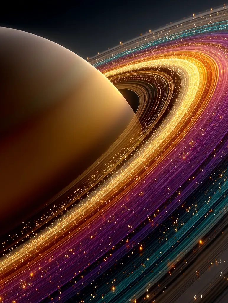 A vibrant, stylized depiction of a planet's ring system.  The rings are depicted as shimmering bands of gold, purple, and teal, interspersed with glittering particles. The planet itself is a warm, golden hue, partially visible behind the rings. The overall effect is one of cosmic beauty and ethereal wonder.
