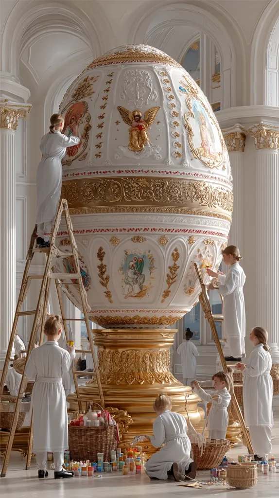 A colossal, ornate Easter egg, meticulously painted with religious scenes and gilded detailing, stands in a grand, white hall.  Several individuals, dressed in white, work on the egg using ladders, carefully adding the final touches to the artwork.  Small baskets of paint and supplies are scattered around the base of the magnificent egg. The scene evokes a sense of artistry and craftsmanship on a monumental scale.