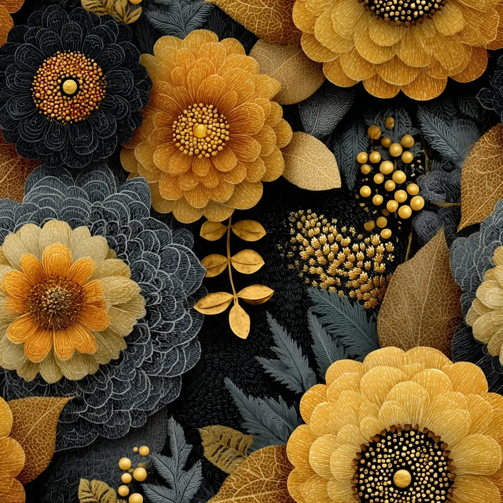 A luxurious floral pattern showcases intricately detailed, paper-like flowers in rich gold and dark gray hues.  The design features various flower shapes and sizes, interspersed with gold-accented leaves and berries.  The overall effect is opulent and sophisticated, suitable for high-end textiles or wallpaper. The texture appears tactile, creating a sense of depth and dimension.