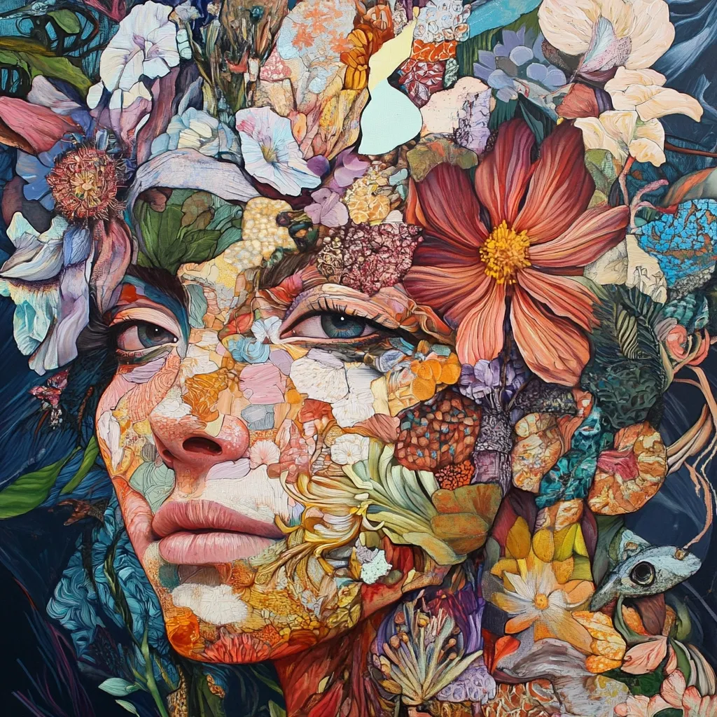 A woman's face is depicted, meticulously crafted from a vibrant array of flowers and natural elements.  Her features are subtly formed within the profusion of blossoms, creating a captivating blend of human likeness and organic texture.  The artwork utilizes rich, saturated colors and detailed brushwork to achieve a stunning visual impact, suggesting a theme of nature's beauty and the interconnectedness of life.