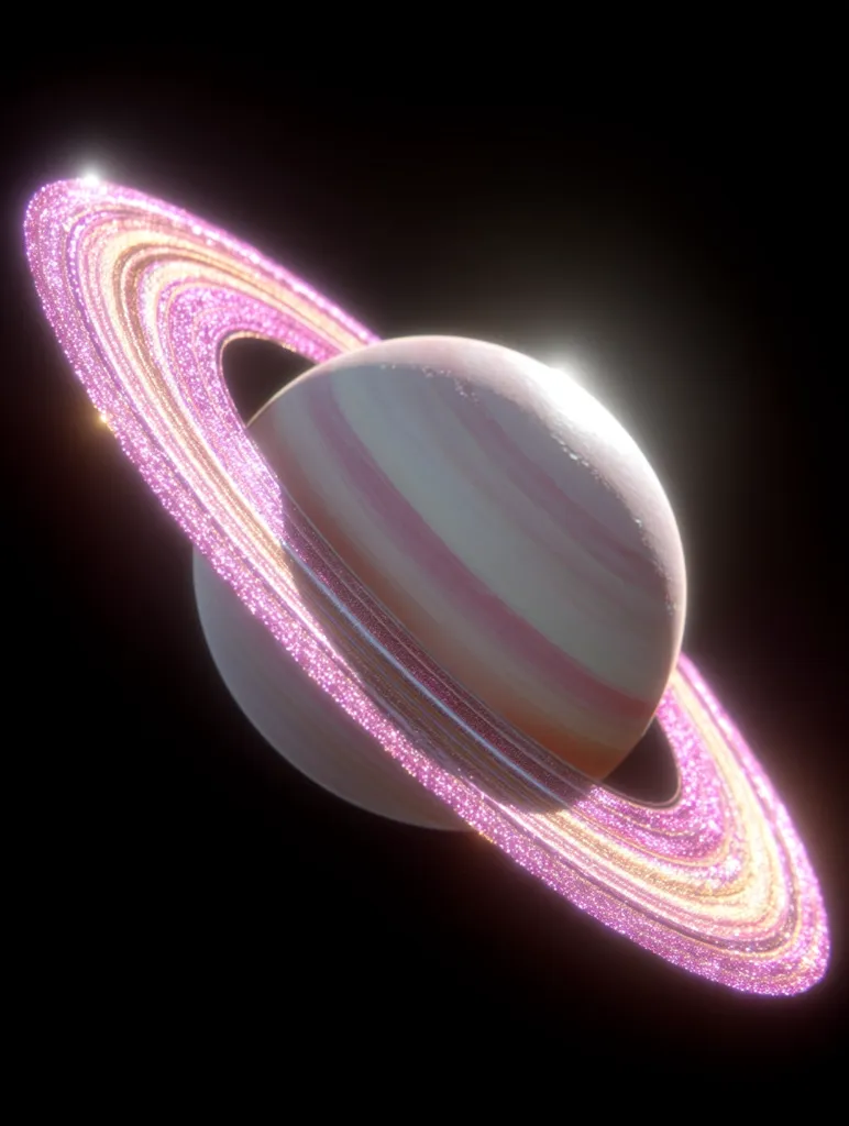 A stylized rendering of a planet, possibly Saturn, is showcased against a black backdrop.  Its rings are prominently featured, shimmering with a pink and gold glitter effect, adding a fantastical element. The planet itself displays soft, pastel hues of pink and white, creating a dreamy, otherworldly atmosphere. The image uses lighting to highlight the texture and detail, giving a sense of depth and dimension.