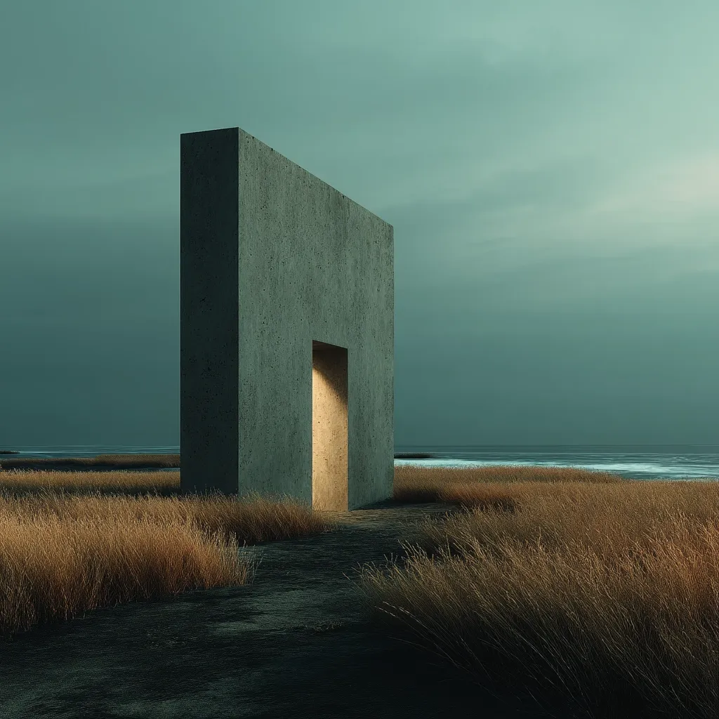A large, grey concrete slab stands in a field of tall grass near a calm sea under a muted sky.  A glowing rectangular opening in the slab's center suggests a doorway or passage. The scene evokes a sense of minimalist architecture and quiet contemplation, with a blend of natural and artificial elements.  The overall mood is serene yet slightly mysterious.