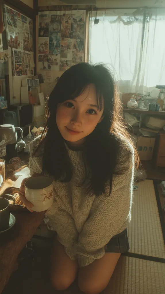 A young woman with long dark hair sits on the floor in a cozy room, holding a mug. She wears a light beige knit sweater and a dark skirt. The room is cluttered with various items, including posters on the walls and objects on shelves.  Sunlight streams in through a sheer curtain. The overall atmosphere is warm and intimate.