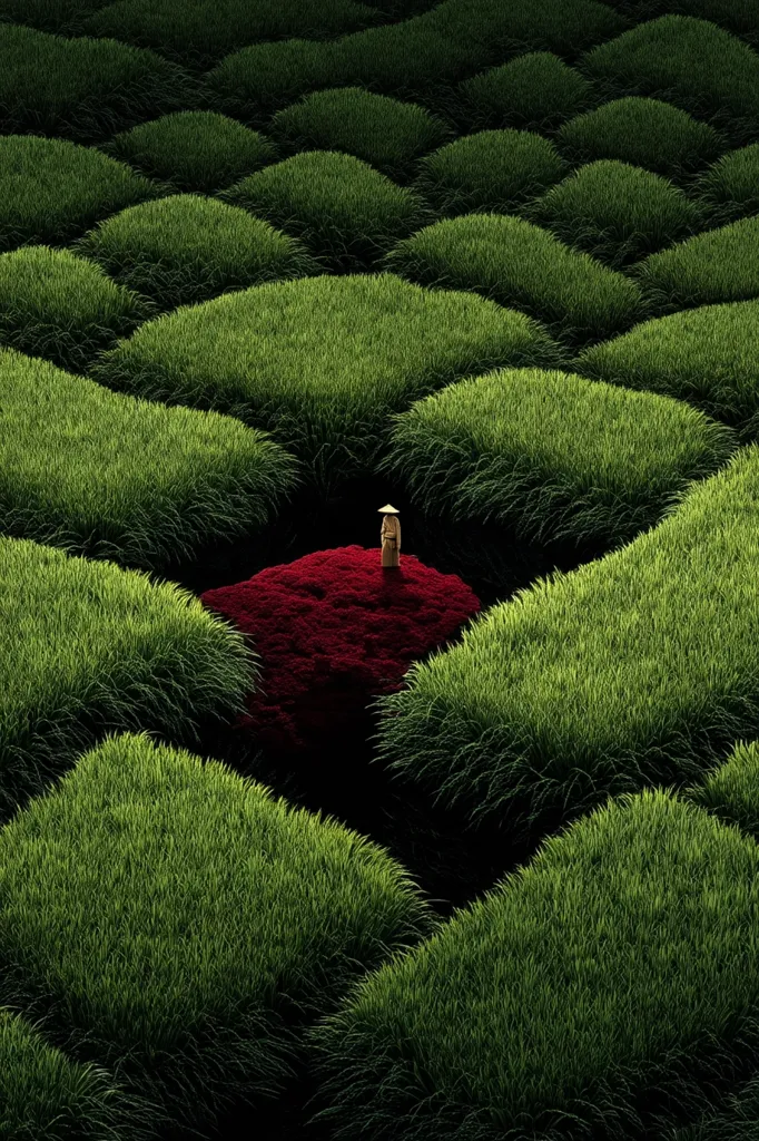 A lone figure in a traditional Asian robe and hat stands on a patch of dark red amidst a geometric pattern of vibrant green grass mounds. The scene is sharply contrasted, with the red patch acting as a focal point within the meticulously arranged landscape. The overall impression is one of serene isolation and meticulous design.