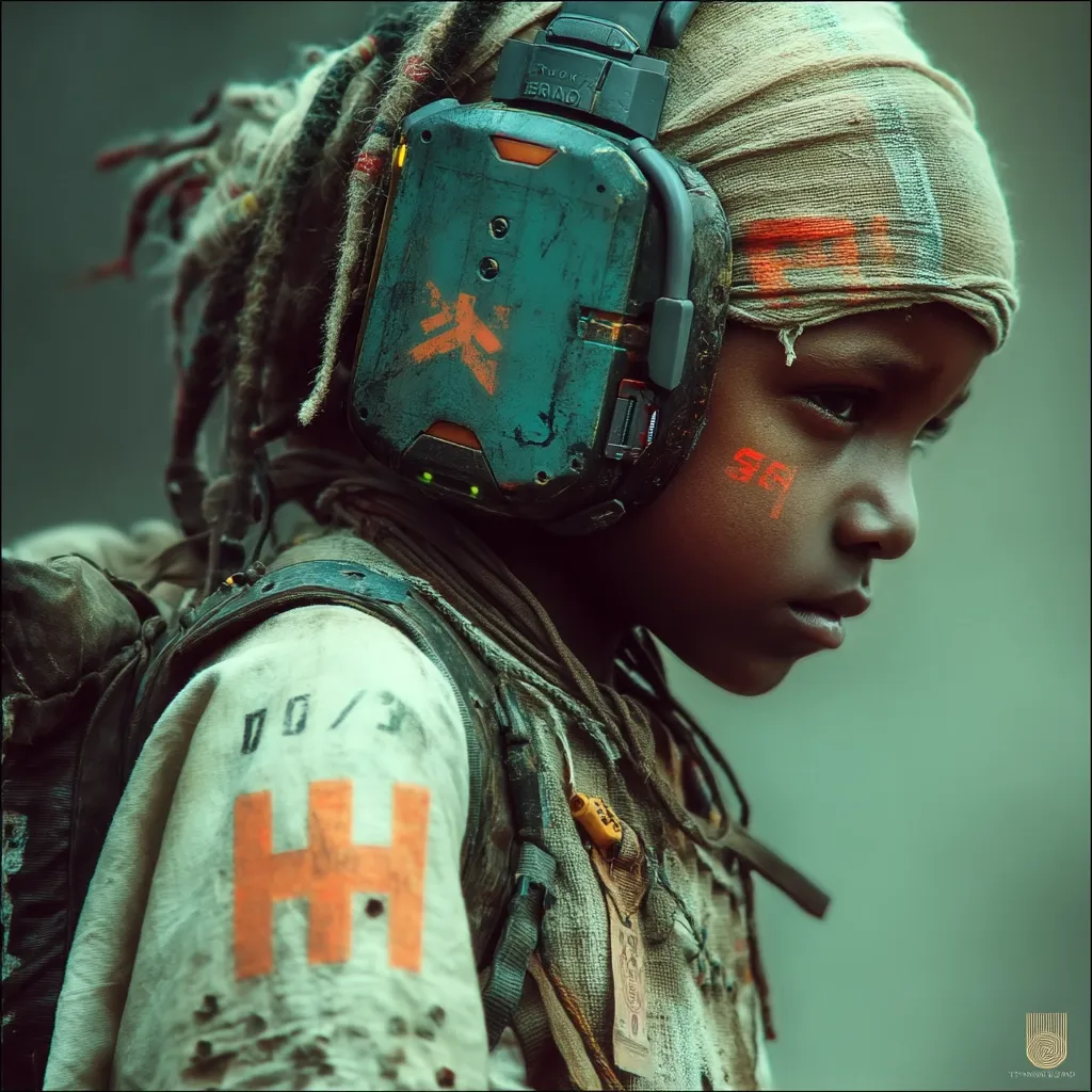 A young child, dark-skinned with dreadlocks, wears worn, tattered clothing and a large, futuristic headset.  The headset is teal and orange, showing signs of wear and tear.  The child's face is solemn, and they carry a backpack, hinting at a journey or survival in a post-apocalyptic or dystopian setting.  Markings on their clothing and face suggest identification or group affiliation. The overall image conveys a sense of hardship and resilience.