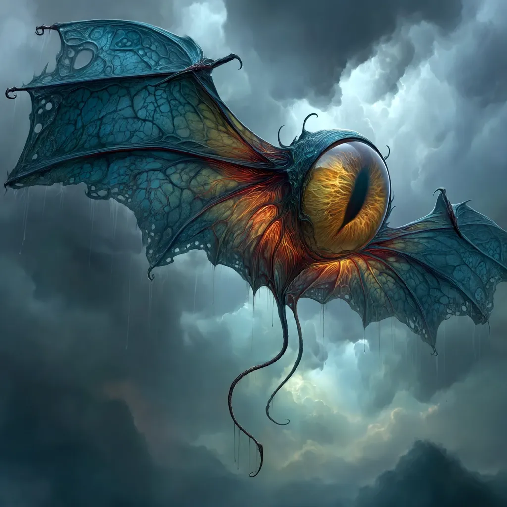 A digital painting depicts a fantastical creature soaring through a stormy sky.  Its body is predominantly dark teal and orange, with large, bat-like wings.  A single, enormous golden eye dominates its head.  The creature's long, thin appendages trail beneath, adding to its otherworldly appearance. The clouds are dark and dramatic, providing a stark contrast to the creature's vibrant colors.