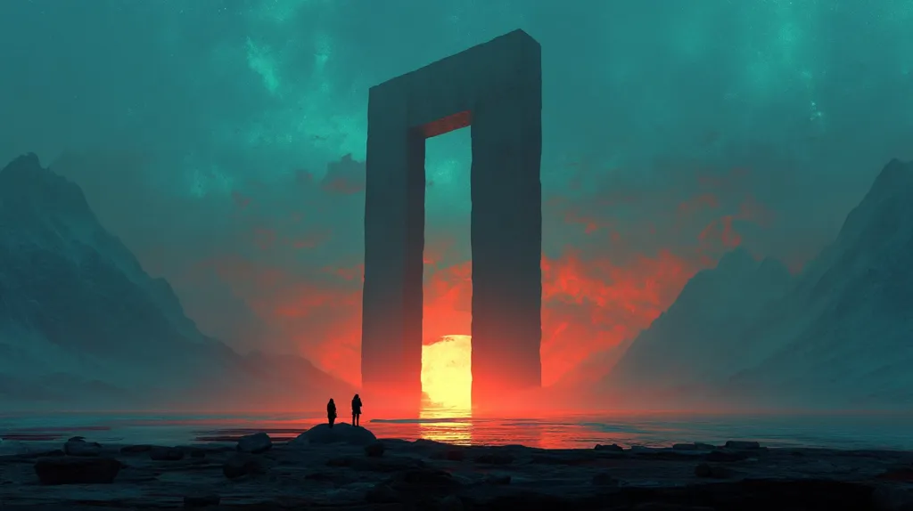 A digital painting depicts a surreal landscape at sunset.  Two silhouetted figures stand on a rocky shore, gazing at a massive stone gateway framing the fiery sun sinking below a calm body of water.  Mountains rise on either side, shrouded in a dusky, teal atmosphere under a vibrant, orange-red sky. The scene evokes a sense of mystery and wonder.