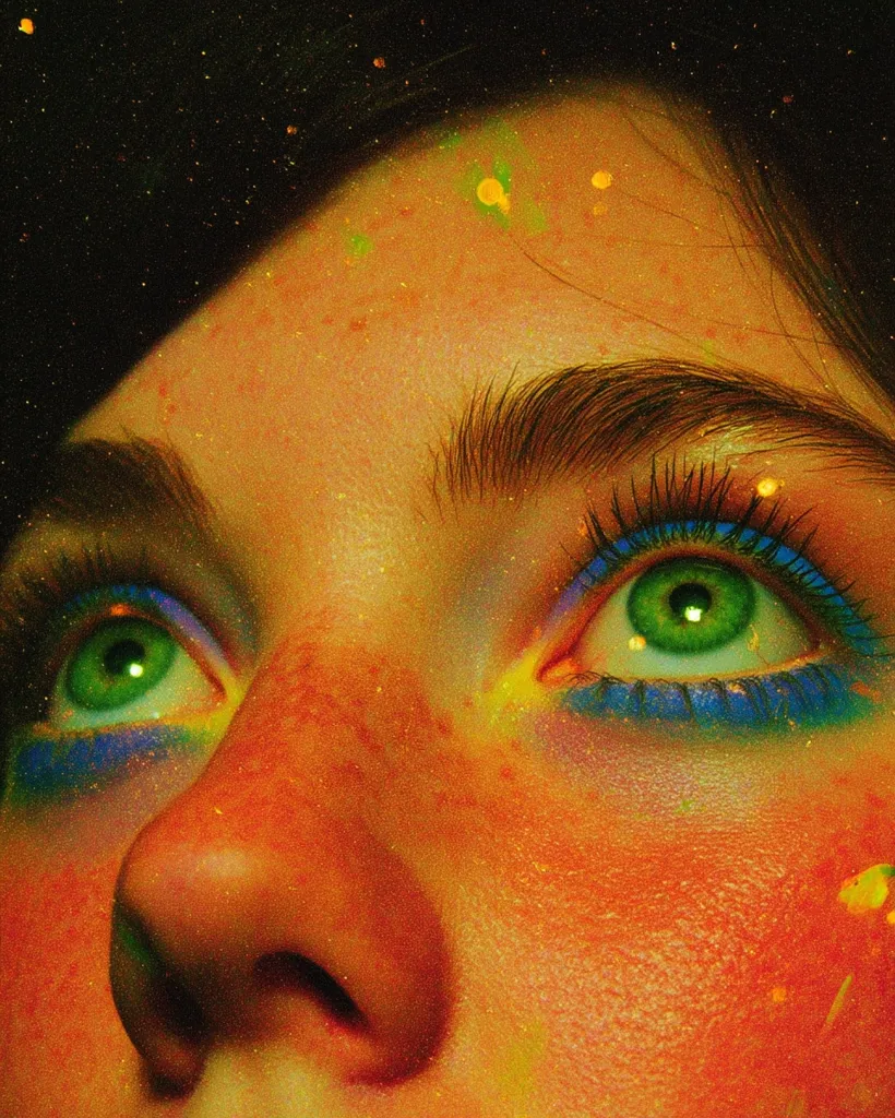 Close-up of a person's face, brightly lit with an orange-yellow hue.  Their skin is textured, speckled with glitter or paint.  Vibrant green eyes are accentuated by blue eyeliner.  The overall effect is surreal and otherworldly, like a cosmic portrait.  The image is richly saturated and highly stylized.