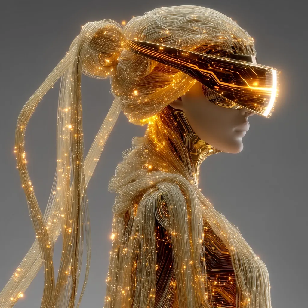 A stylized female figure, seemingly robotic, is depicted in profile.  Her body and long hair are composed of glowing golden strands, resembling fiber optics or circuitry. She wears a futuristic, golden visor, adding to her technologically advanced appearance. The overall aesthetic is one of elegant, futuristic fantasy.  The image is rendered with high detail and a muted background emphasizes the subject.