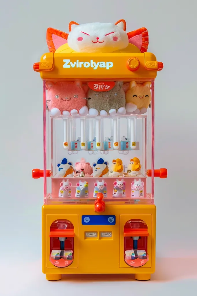 A miniature yellow claw machine, branded "Zvirolyap," is filled with adorable plush cat toys.  The machine features a clear acrylic front showcasing multiple rows of prizes.  The top displays a larger plush cat, adding to the whimsical and charming aesthetic.  The playful design and pastel colors create a cute and collectible item.