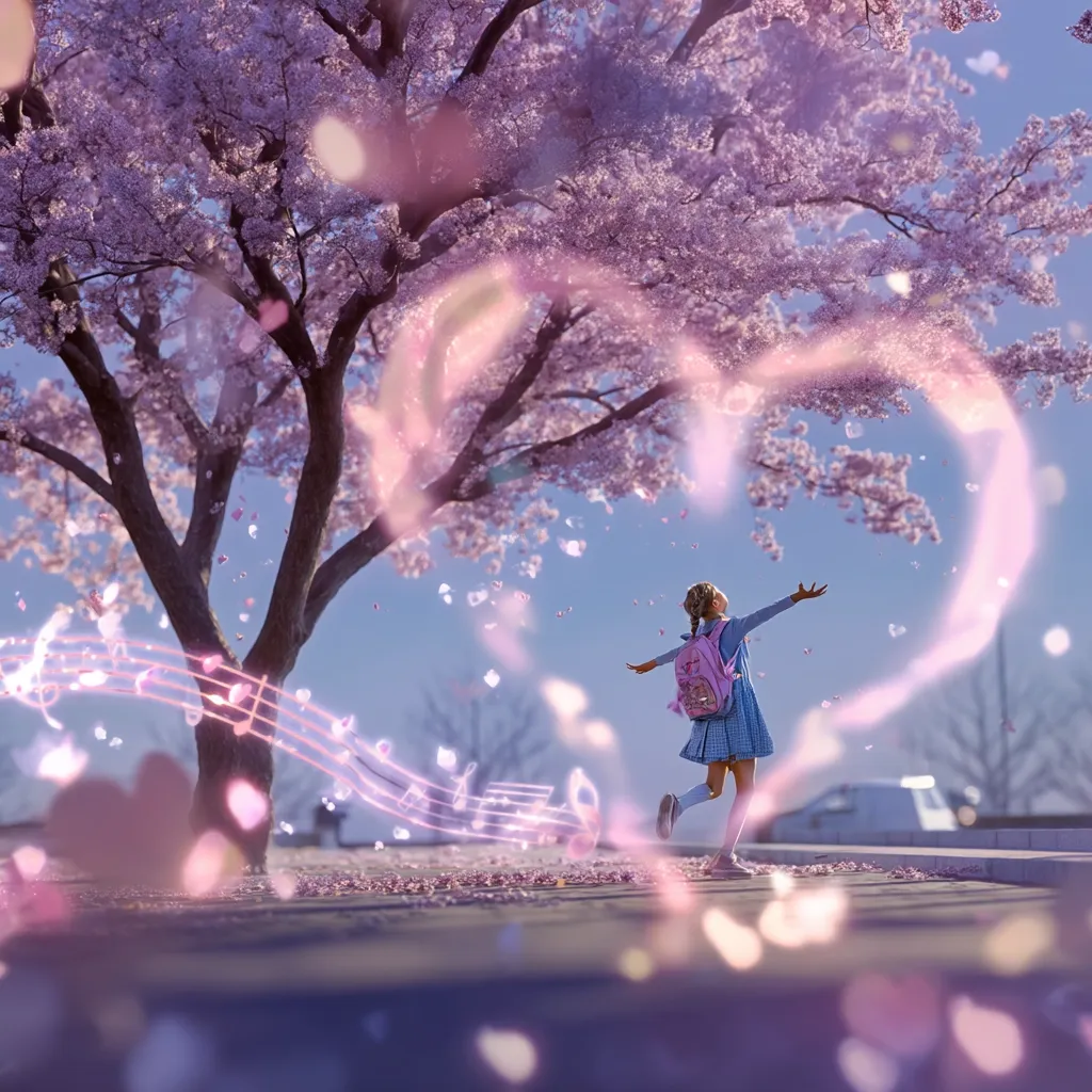 A young girl with a pink backpack joyfully leaps under a blossoming cherry tree, petals swirling around her.  A luminous heart shape and musical notes emanate from her, creating a magical, whimsical scene. The overall mood is one of carefree happiness and springtime enchantment.  Pink and purple hues dominate the image, enhancing the dreamy atmosphere.